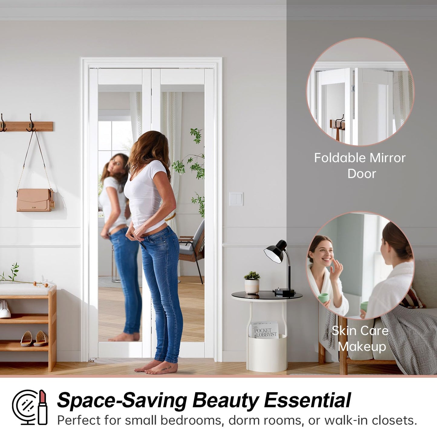 FREDBECK Bifold Door for 30x80 Opening (Double 15x80) with 1 Lites Mirror ,Interior Bi fold Barn Doors and Concealed Hardware Kit Included, PVC Surface, White,for Closet,Pantry,Kicthen