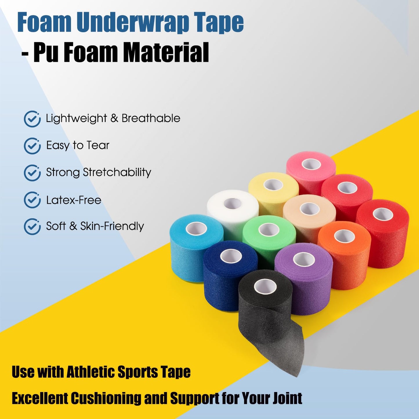 Pre Wrap Athletic Tape 3 Pack, 2.76 Inch x 30 Yards Athletic Tape Sports Prewrap, Foam Underwrap for Ankle Wrist Knee Elbow Hair Soccer, Black