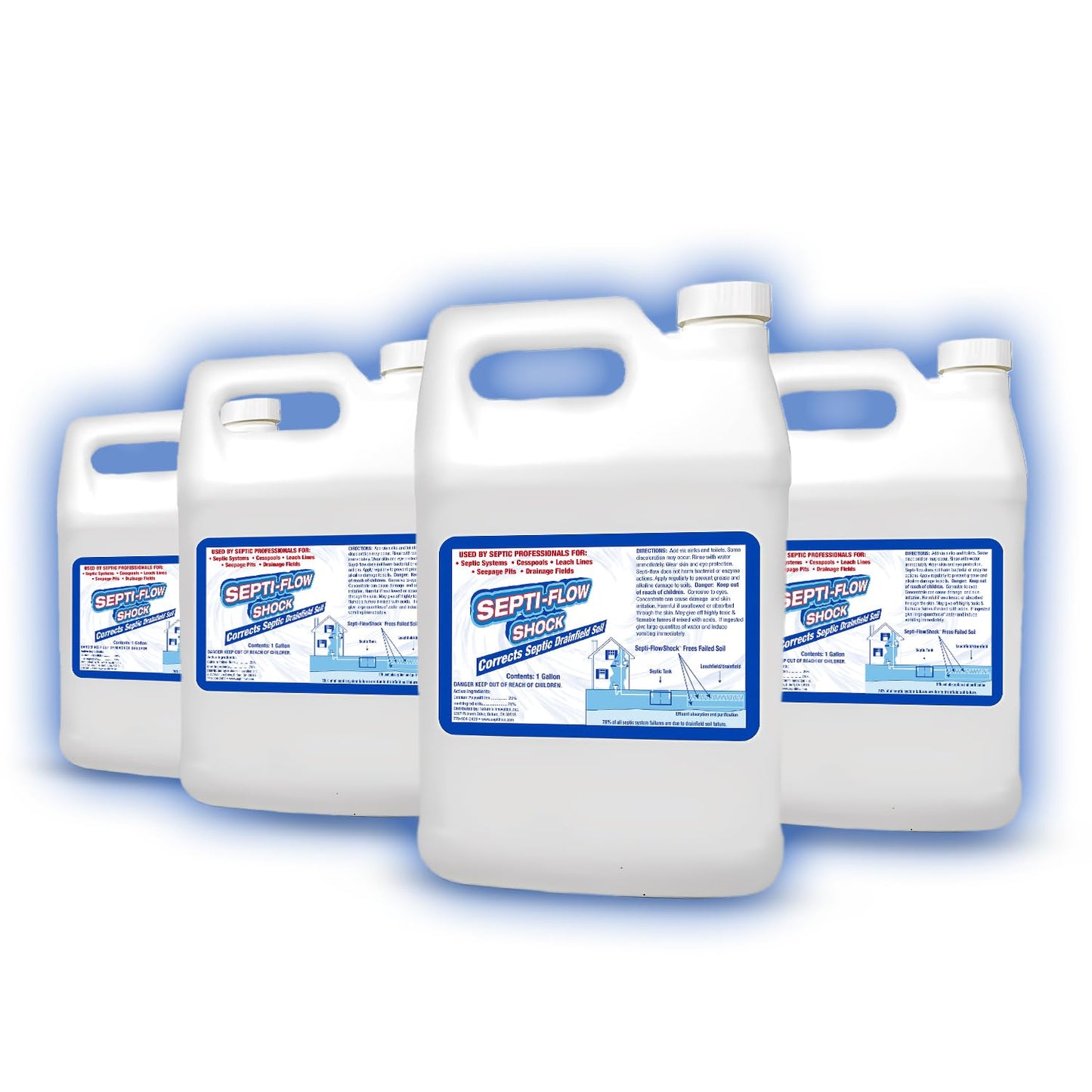 Septi-Flow Shock | Septic Drainfield Repair Solution, Clears Leach Fields, Dissolves Hardened Deadpan Soil, Complete Treatment, One Gallon - 128 Fl Oz (Pack of 4) - Drain Field Treatment