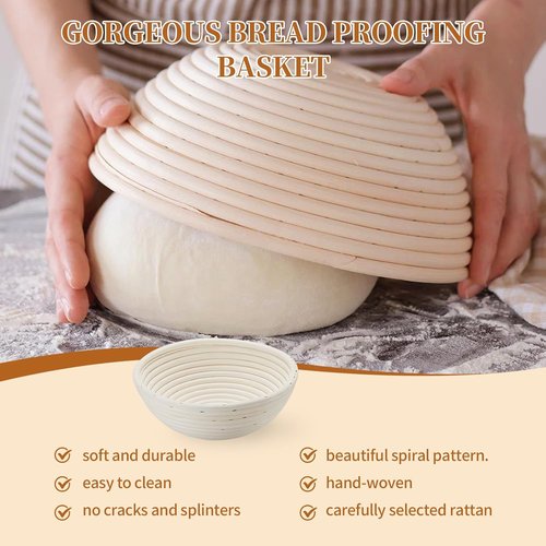 Dimpola Banneton Bread Proofing Basket Set - Handmade Rattan Sourdough Bowl with Liner | Round Design