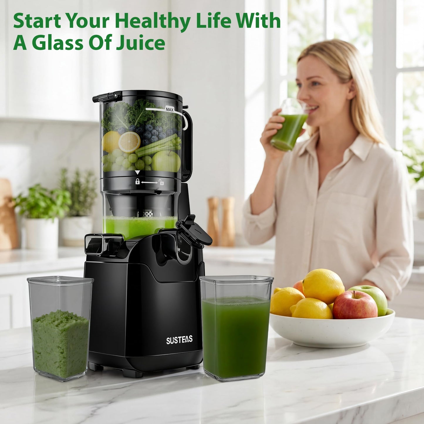 SUSTEAS Juicer Machines with 5.3" Extra Wide Chute,Cold Press Juicer for Whole Fruits & Vegetables, 64oz Capacity Juice Extractor 250W, Easy to Clean, High Juice Yield, Home Juicer, Premium Black