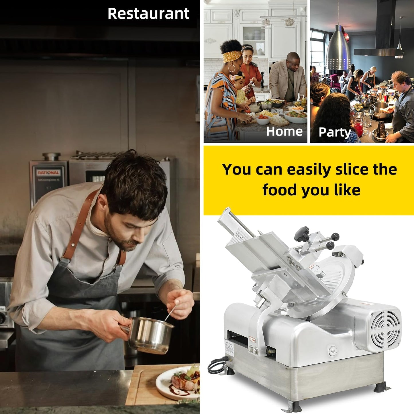 Commercial Meat Slicer, 13 in Electric Food Slicer - Fully-Auto 370W+550W, Stainless Steel, Adjustable Thickness 0-16 mm, Silver, Home & Commercial Use