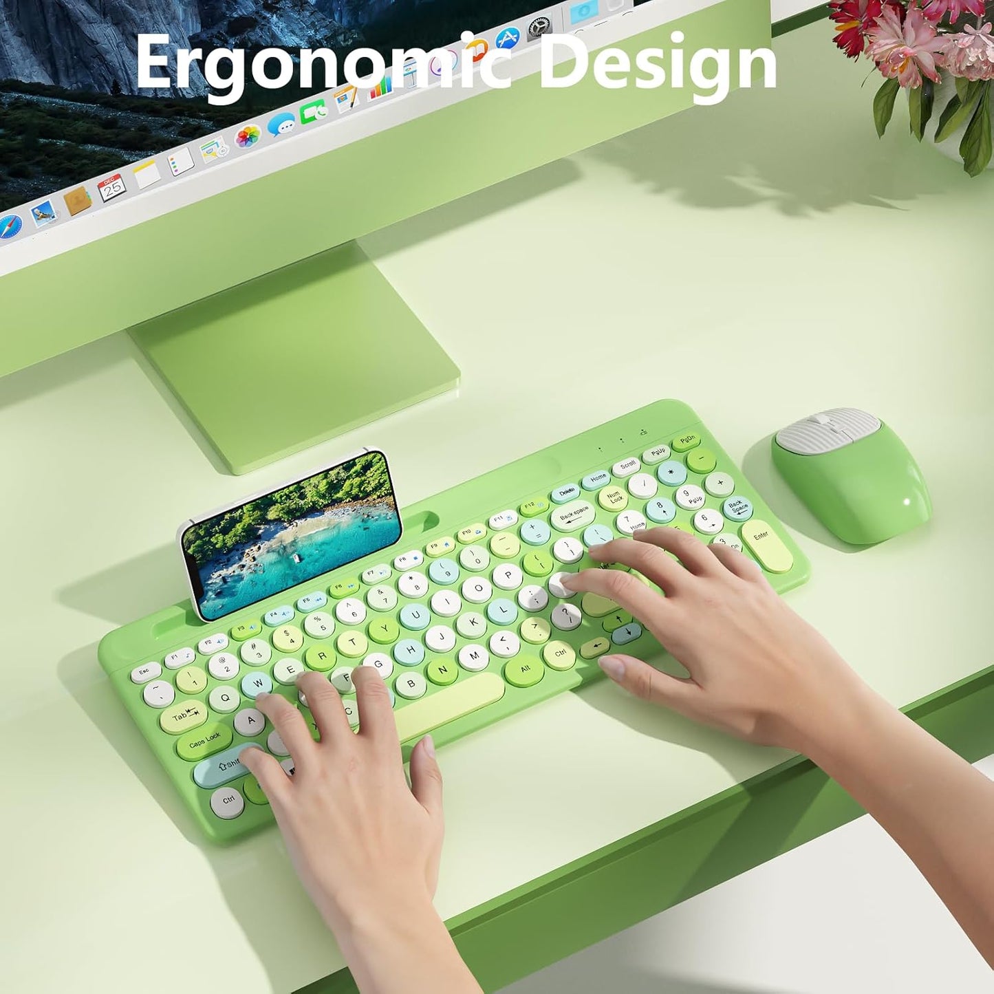 XISOGUU 2.4GHz Retro Wireless Keyboard and Mouse Combo, Full-Size USB Keyboard with Round Keycaps, Wireless