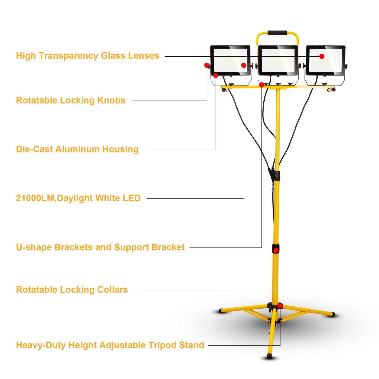 30000 Lumen Work Lights with Stand, 300W Three Head LED Work Light, Waterproof Lamp with Individual Switch, Adjustable Metal Telescoping Tripod（2 Pack）