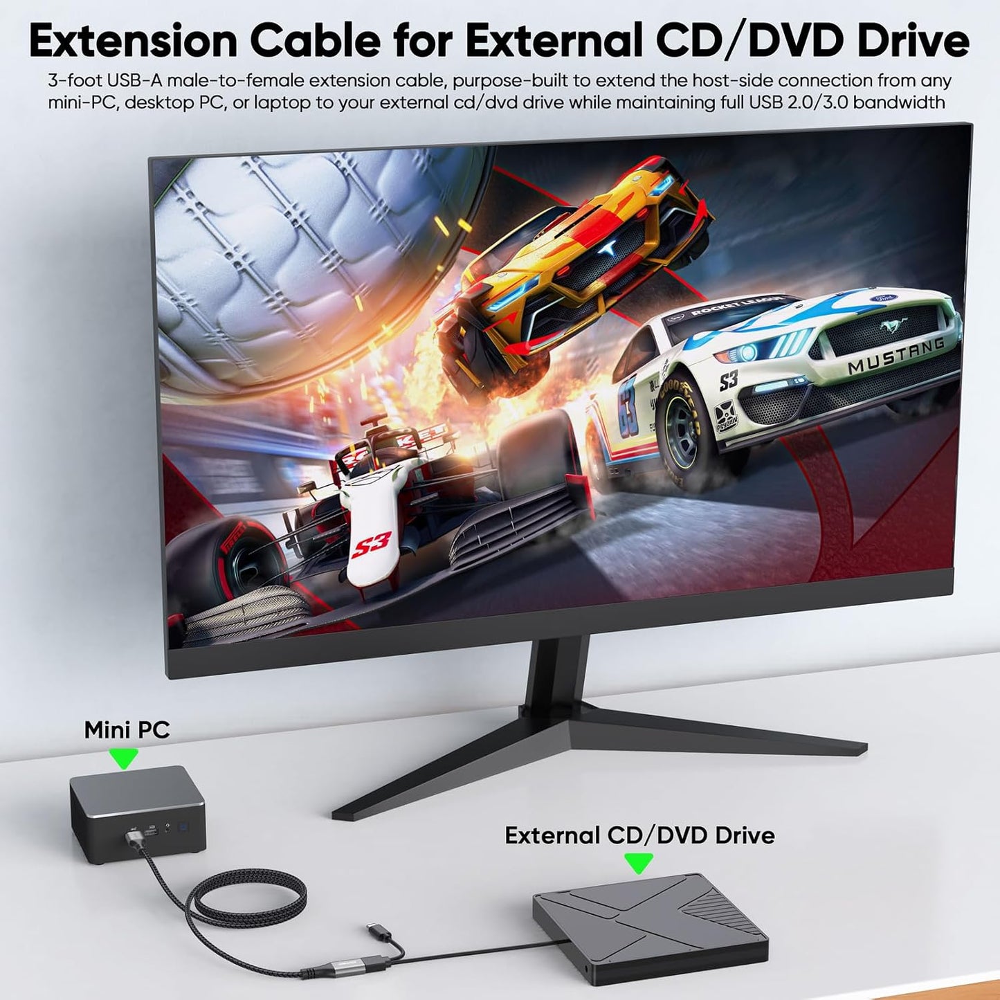 3ft Pack 2, 3.0 5Gbps 15W USB Extension Cable of Type A Data Transfer & Charging Sync Extender Male to Female for Mouse
