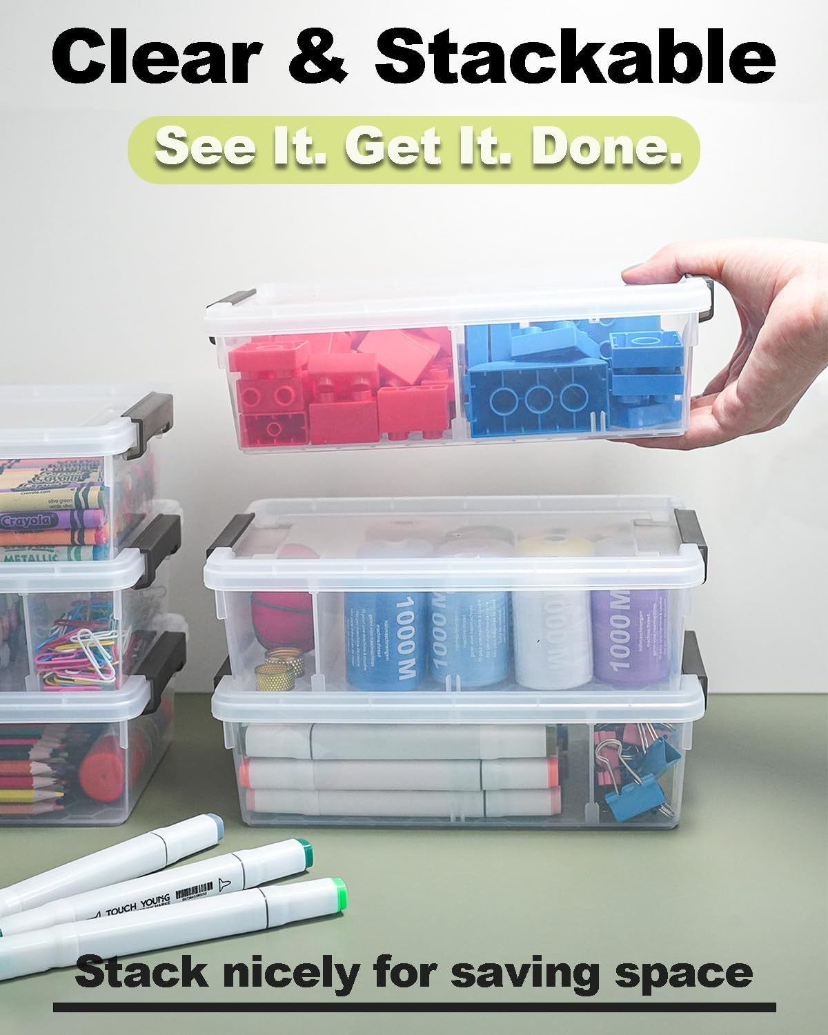 Skiennix Extra Large Pencil Box - Removable Divider & Stackable Design | 12 Pack Clear Organizer (Grey)
