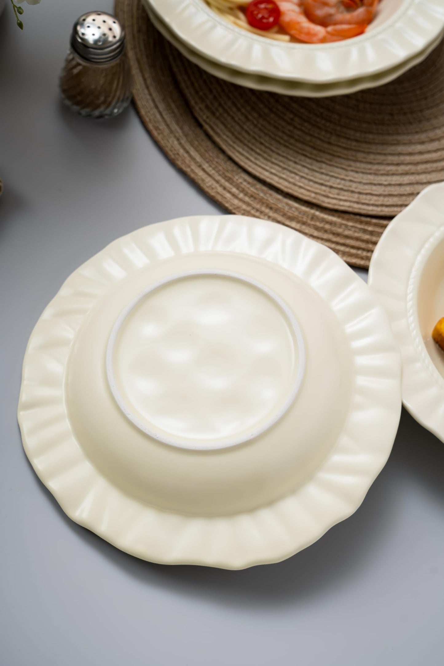 COIKZLY Ceramic Soup Bowls 8.6 in, Pasta Bowls & Plates, Cream color Floral-Embossed Wide Rim Shallow Bowls Set of 2, Italian Carving Design, Matte Finish Porcelain, Microwave & Dishwasher Safe