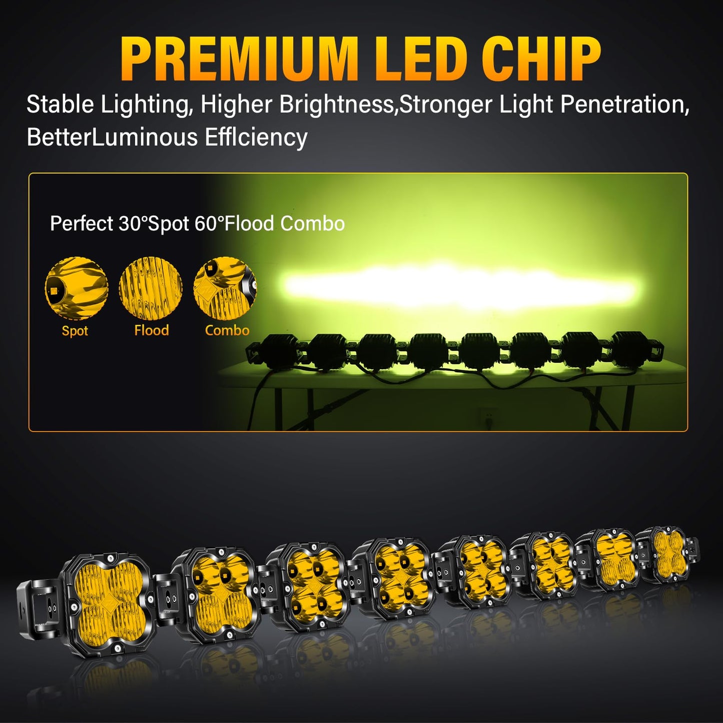 SKYWORLD 8 Pcs Yellow Cube LED Pod Light, 4 Inch 30W Spot Flood Combo Beam Work Lights,3530K Car Off-Road Driving Lamp for ATV, UTV, 4x4, Tractor,Truck,Motorcycle