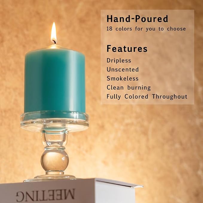 MOZEAL 3" x 4" Hand-Poured Unscented Turquoise Pillar Candles,Dripless Candles Set of 3,Smokeless,Clean Burning,Approx 60 Hours Burn Time,Wedding,Dinner and Home Decorï¼? Inch Width Seriesï¼?Teal