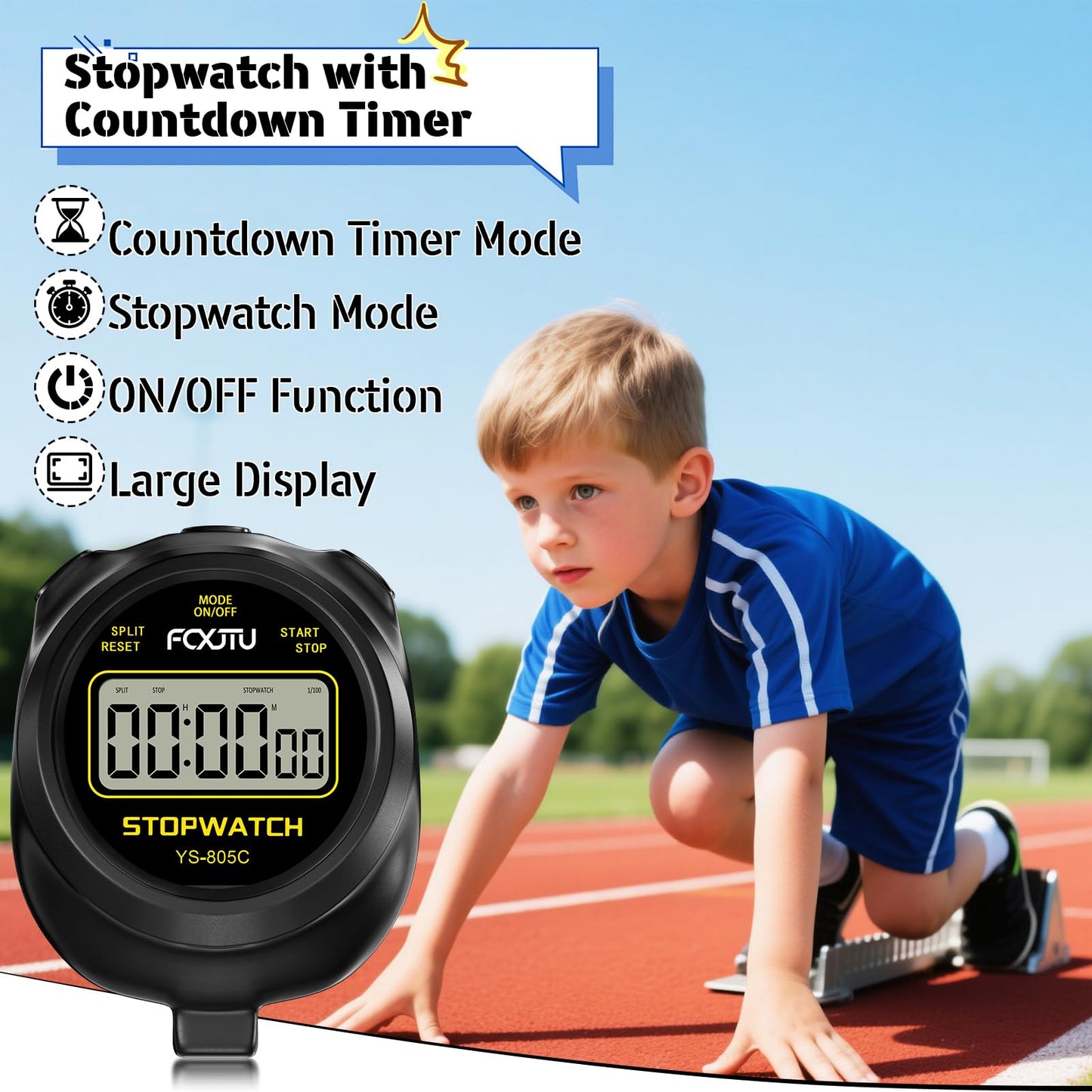 FCXJTU Simple Stopwatch Timer, Single Lap Stopwatch Countdown Timer, No Hourly Beep, On/Off, AAA Battery(Included), Large Display, Easy to Use, Ideal for Kids Coaches Black