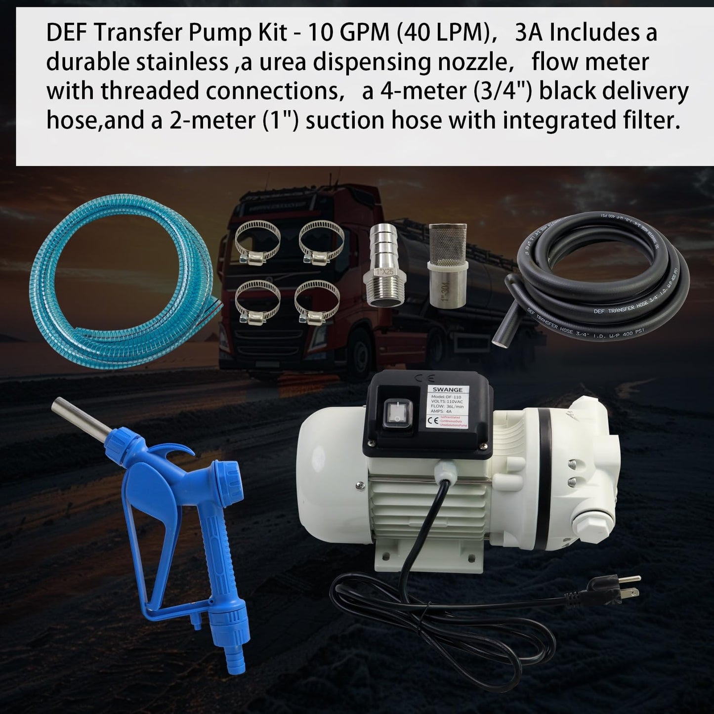SWANGE 10GPM DEF Transfer Pump Kit, 110V 550W Self-Priming, w/DEF Nozzle, for Truck Tractor Farm Urea/DEF Fluid Transfer Solution