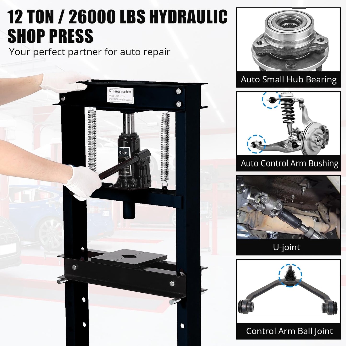 12T Hydraulic Press, Heavy Duty H-Frame Garage Floor Hydraulic Shop Press with Press Plates, Adjustable Working Table Height, for Auto Repair, Black