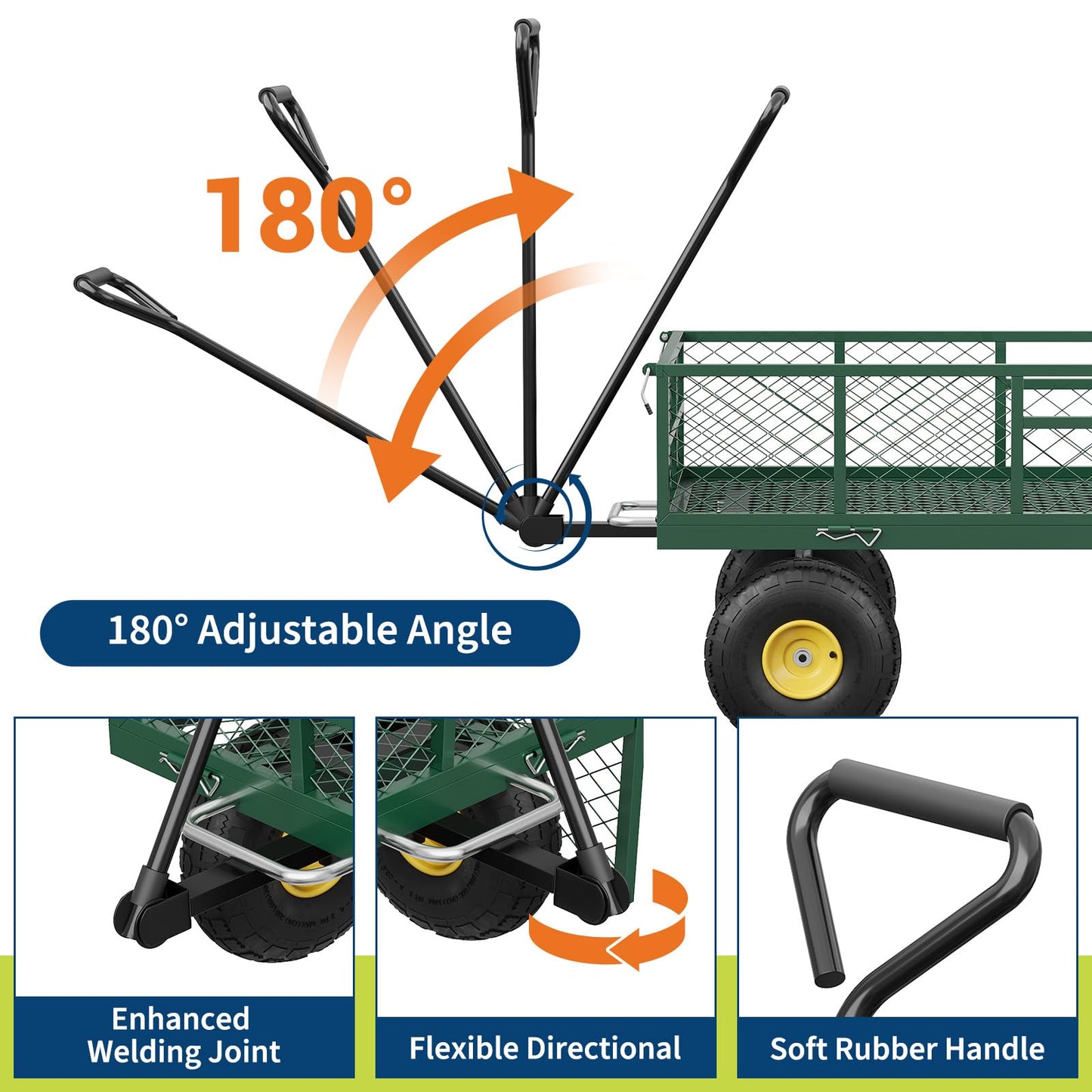 900 lbs Steel Garden Dump Cart with 10" Pneumatic Tires, Heavy Duty Yard Cart with 180°Rotating Handle & Removable Mesh Sides, Utility Dump Wagon for Lawn Farm Backyard, Green Black & Yellow
