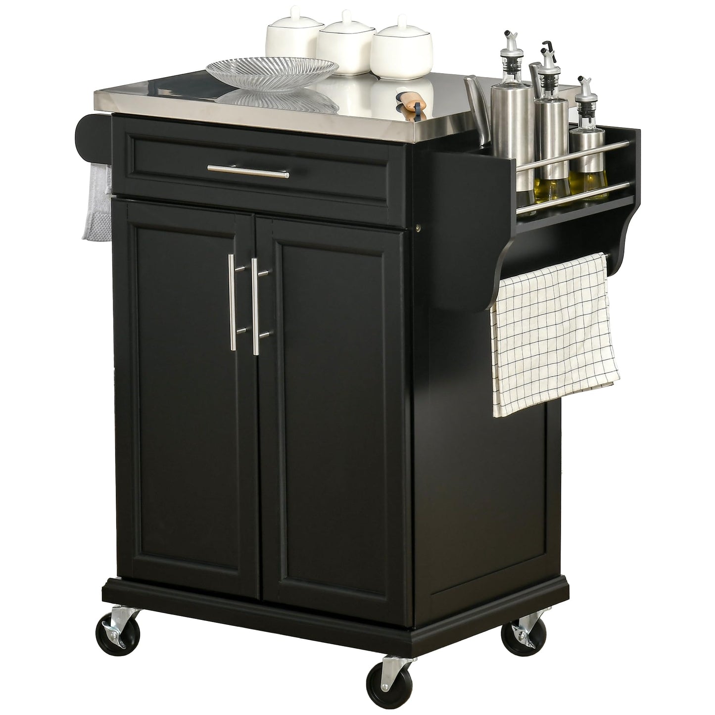 HOMCOM Kitchen Island on Wheels, Rolling Kitchen Cart with Stainless Steel Countertop, Drawer, Towel Rack and Spice Rack, Utility Storage Trolley, Black