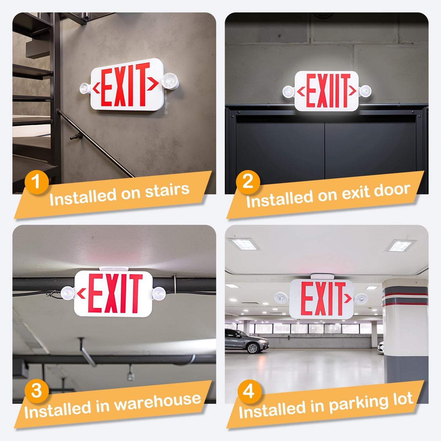 LIT-PaTH LED Combo EXIT Sign with 2 Adjustable Head Lights and Double Face, Back Up Batteries- US Standard Red Letter Emergency Exit Lighting, UL 924 and CEC Qualified, 120-277 Voltage, 2-Pack