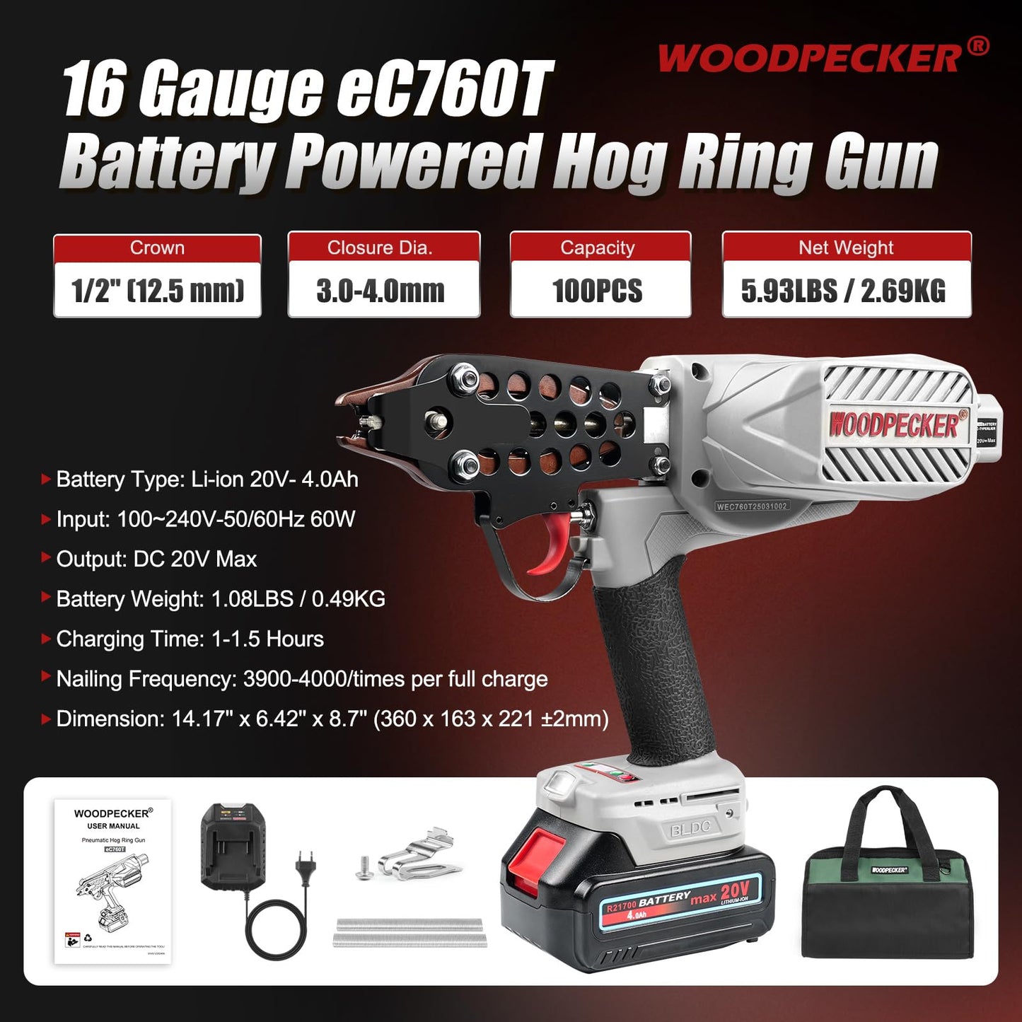 WOODPECKER eC760T 16GA Cordless 20V 4.0Ah Electric Hog Ring Gun, 1/2-Inch Crown, 3.0-4.0mm Closure Diameter, Battery Powered C Ring Plier Tool for Fencing, Wire Cages