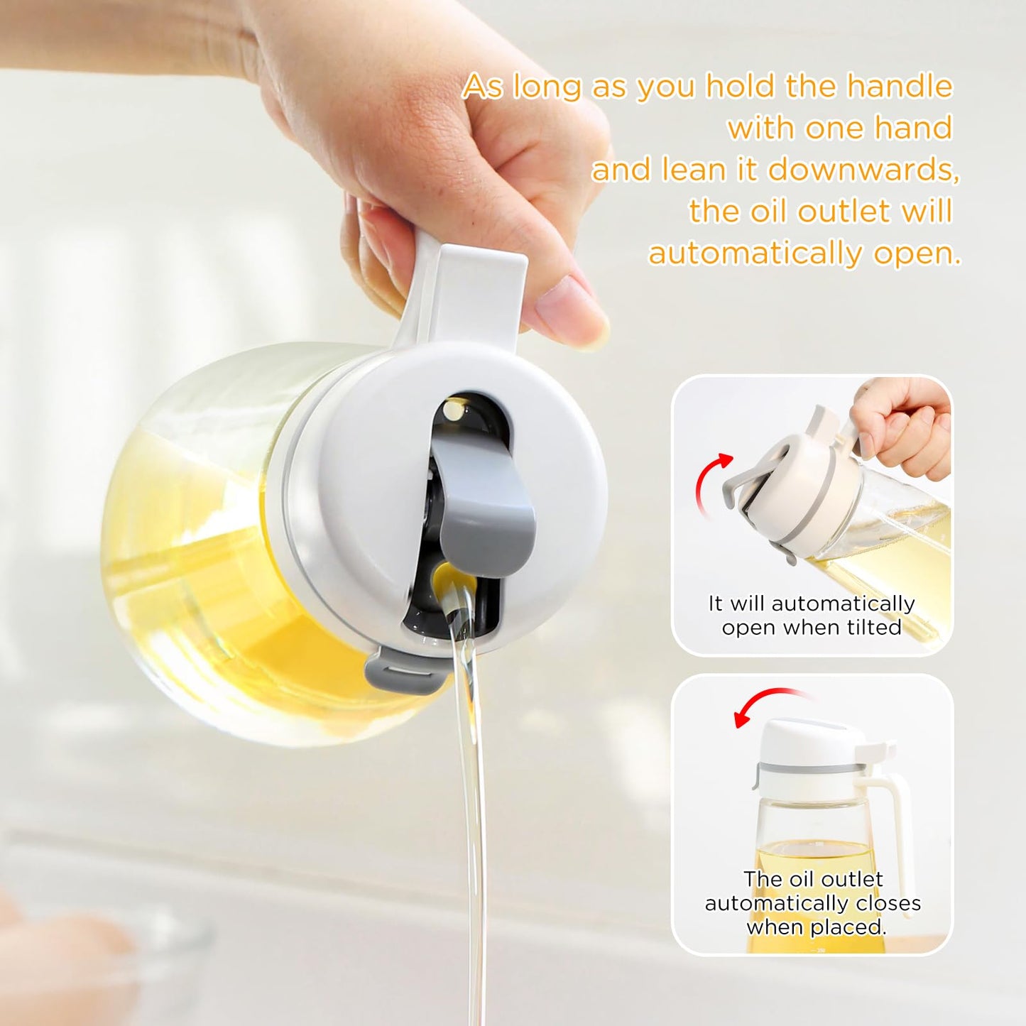 Meterga Auto Flip Glass Olive Oil Dispenser, Clear Glass Bottle with Scale, Dispenser for Kitchen, Olive Oil Cruet | 29oz