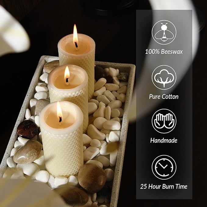 Honeycomb Natural Beeswax Pillar Candles - Pack of 2-100% Pure Beeswax Candles No Scent- for Emergency/Prayer/Relax (2inch Diameter, 4 inch Tall - Off White)