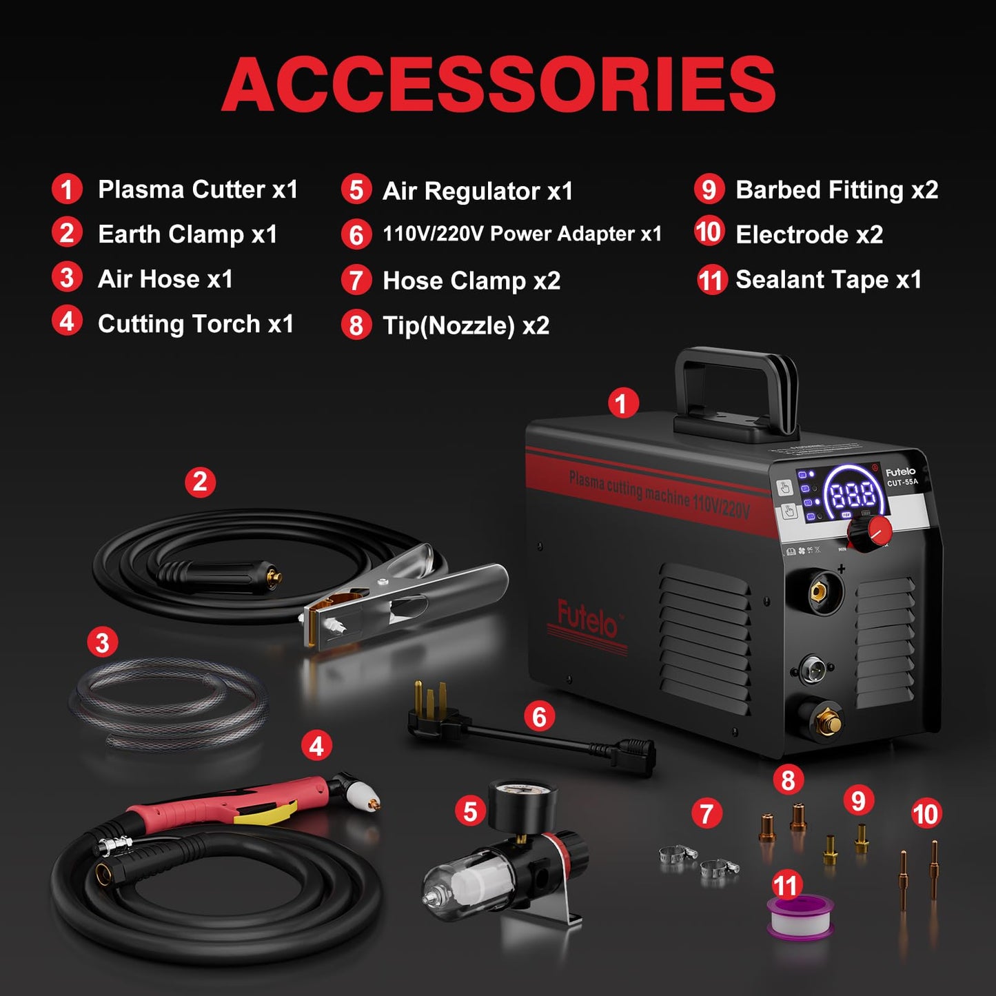 Futelo Plasma Cutter 55A, 110V/220V Plasma Cutter Machine with Large LED Display, Contact Arc Start, IGBT Inverter, 1/2” Clean Cut, 2T/4T, Portable Plasma Cutting Equipment for DIY & Workshop