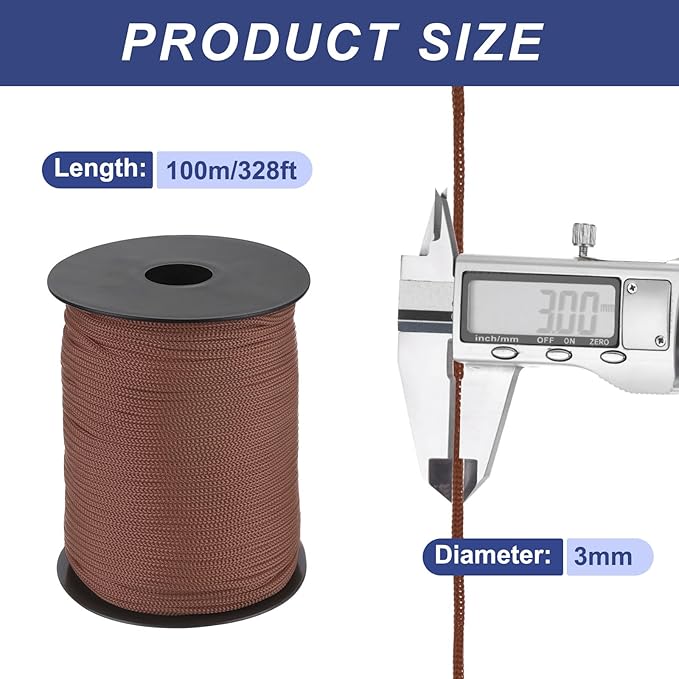 MECCANIXITY 1/8 Inch Polypropylene Rope Braided Ropes, 328ft Nylon Rope Hollow Utility Cord for Clothesline, Camping, Hiking, Outdoor, Dark Coffee