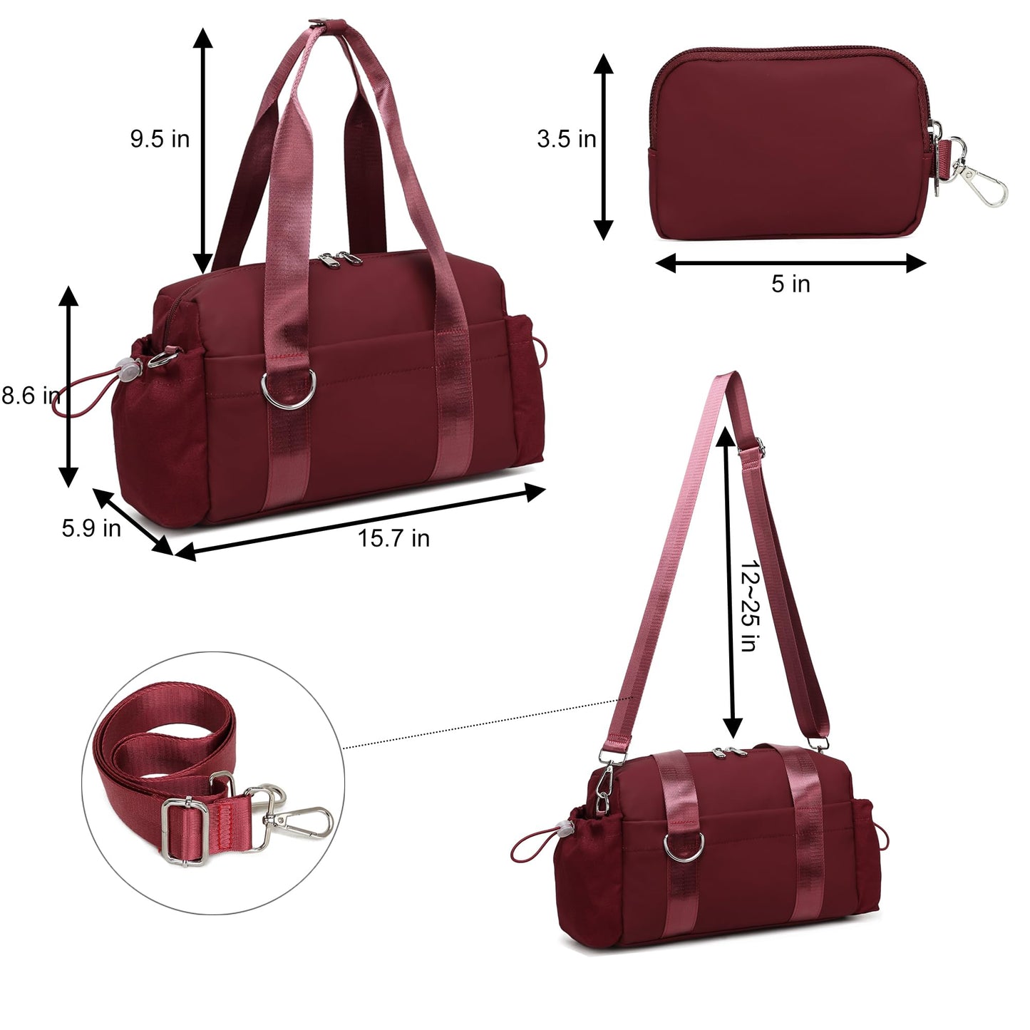 ERTUNA Everyday Mini Gym Bag for Women 2.0, Small Tote with Zipper Compartment Waterproof Travel Duffle Cute Handbag Workout Carry On with Removeable Shoulder Strap & Coin Wallet Easy to Clean-Wine
