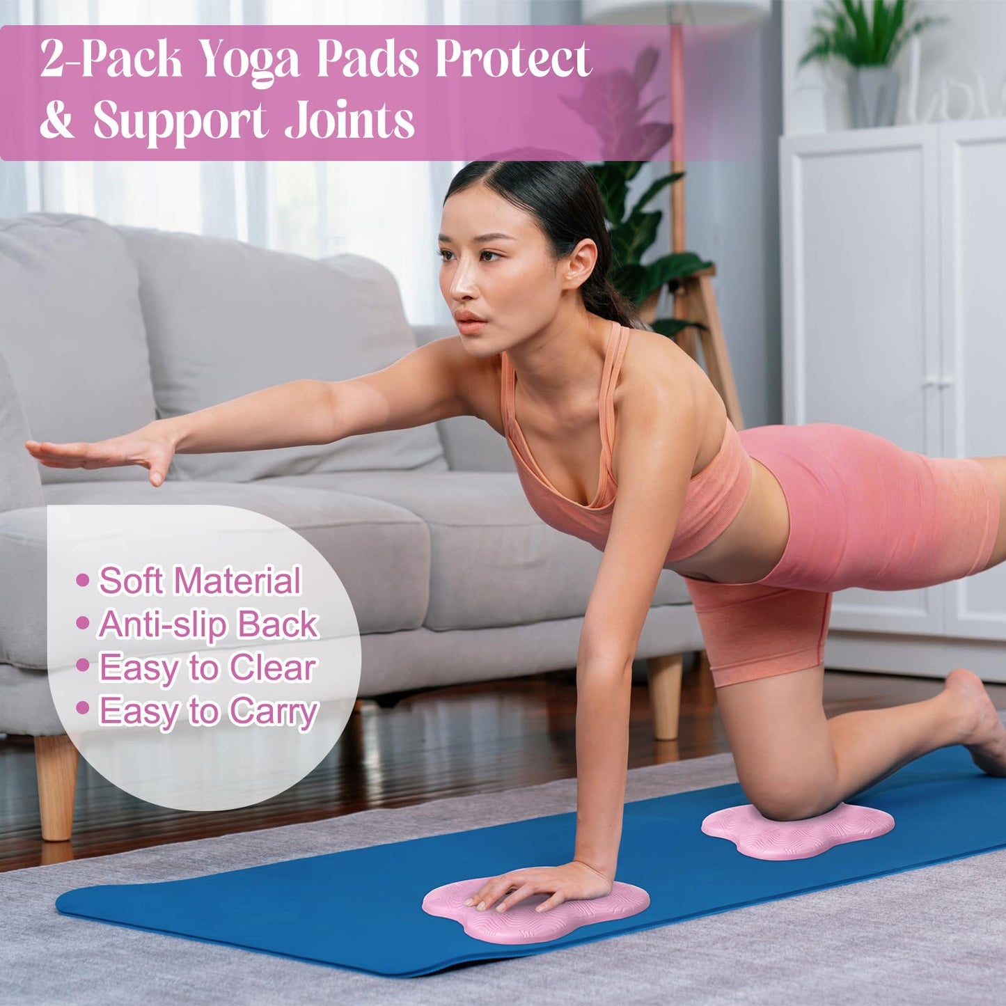 RoundFunny 5 Pcs Yoga Blocks Knee Pads Yoga Strap Set Soft Premium Foam Blocks Accessories for Pilates Meditation General Fitness Stability, Kneeling, Balance, Deepen Stretches and Toning (Pink)