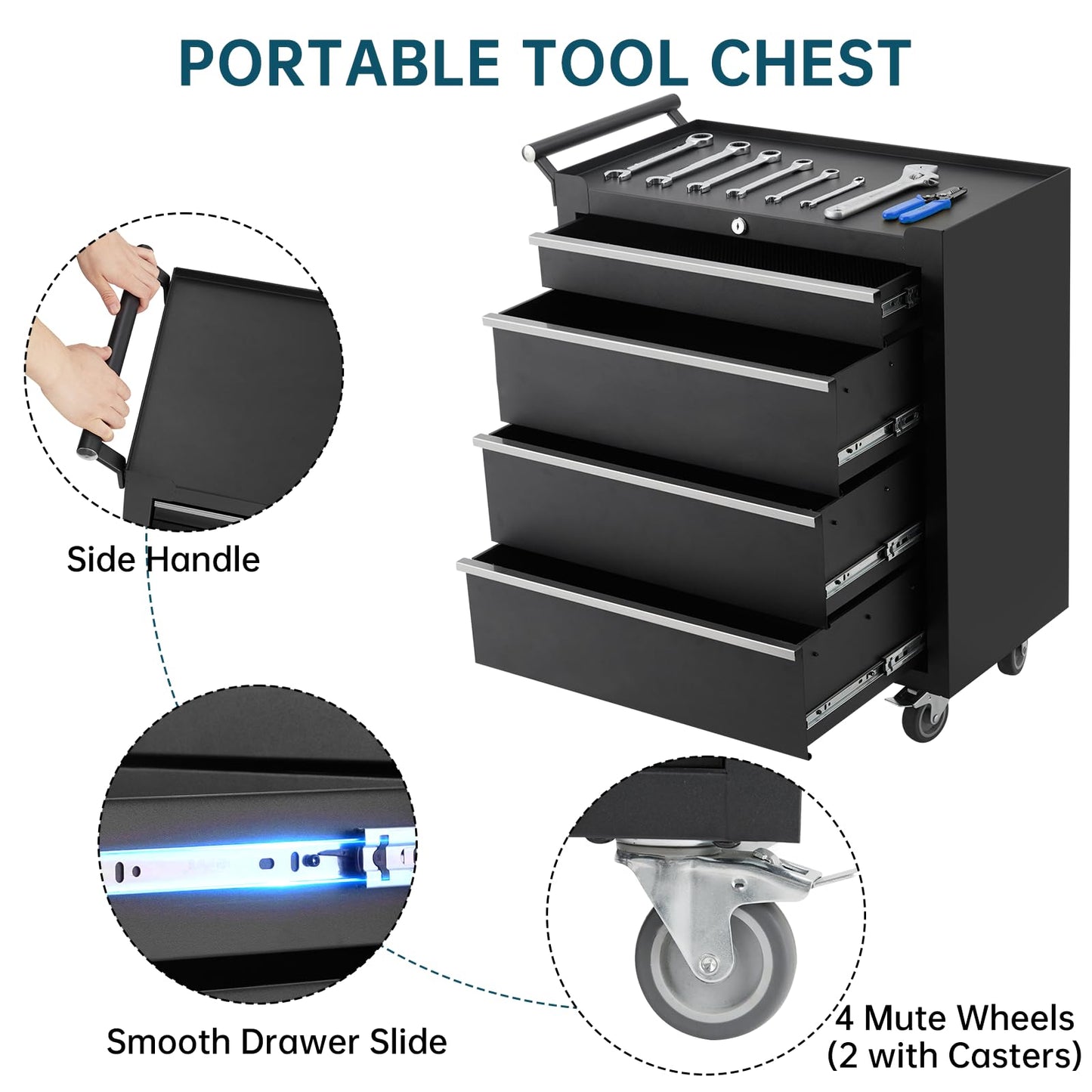 ActiveTrail 4-Drawer Rolling Tool Chest Cabinet,Portable Tool Storage Cart with Smooth Wheels,Lockable Toolbox Organizer with Drawer Liners,Heavy-Duty Steel Tool Cabinet for Garage and Workshop Use