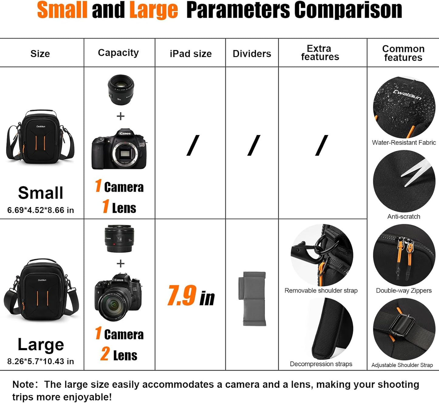 Cwatcun Campact Camera Bag Small Camera Sling Case for Canon Nikon Sony Fuji Cameras, Lens, DSLR SLR Mirrorless
