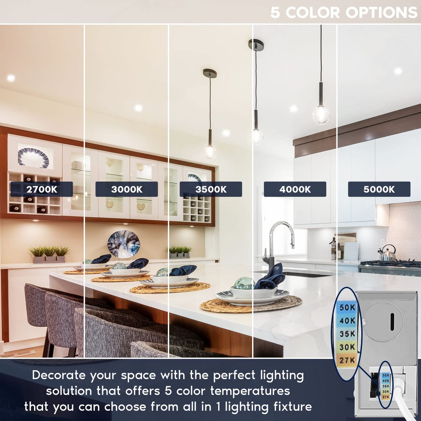 LUXRITE 3 Inch Square LED Recessed Ceiling Light with Junction Box, 10W, 5CCT Selectable 2700K/3000K/3500K/4000K/5000K, 800LM High Brightness, Dimmable Canless Downlight, Wet Rated, ETL (4 Pack)