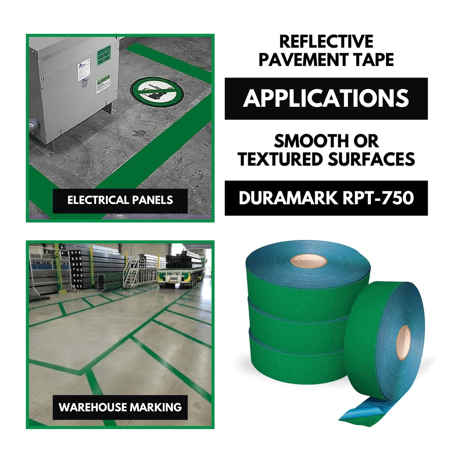ifloortape DuraMark Reflective Pavement Marking Tape RPT-750 – Slip Resistant, Outdoor Heavy Duty Safety Tape, Rubber Base – Green, 3 Inch x 108 Ft