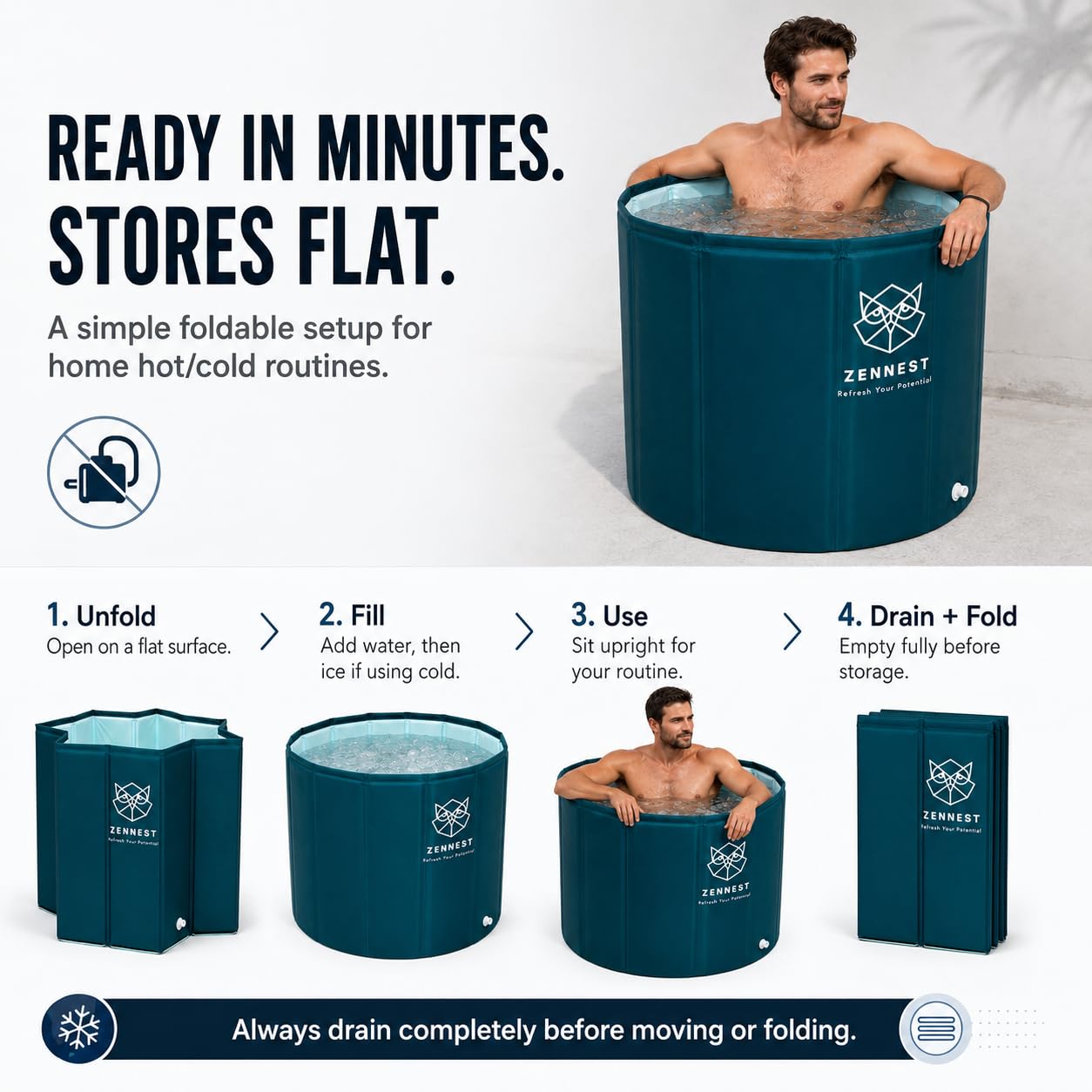 Zennest Foldable Portable Bathtub for Adults – American Design 2-in-1 Hot & Cold Plunge, 105-Gal Large Capacity Collapsible Bathtub Adult, 6-layer Insulated Portable Soaking tub - Space-saving Design