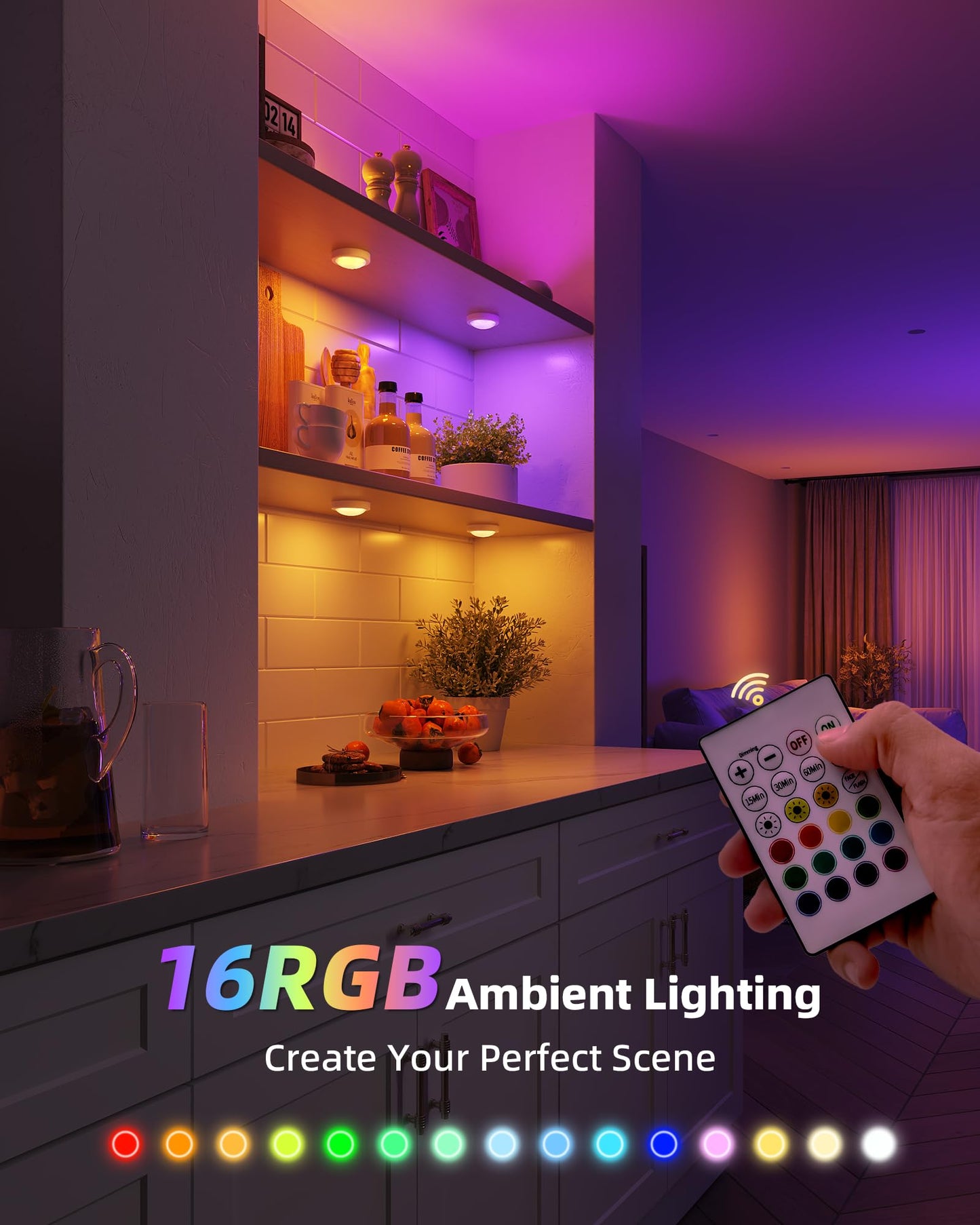 EZVALO 6-Pack Rechargeable Puck Lights with Remote, Under Cabinet Lighting, 2.95'' Mini Tap Lights, Closet Light, 16 RGB Colors & 3 Color Temperatures, Dimmable Stick-On Lights for Kitchen, Shelf