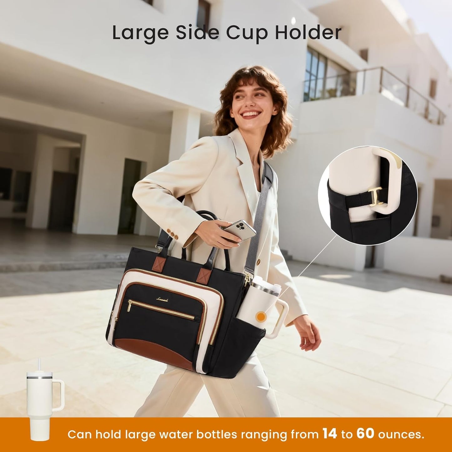 LOVEVOOK Teacher Tote Bag for Women,Laptop bag with Large Cup Holder,Work bag with Accordion File Organizer