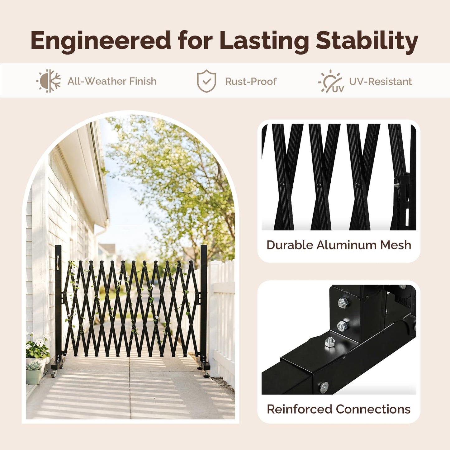 VINGLI 11.5ft Expandable Garden Fence with Casters, Aluminum Retractable Barricade Gate, Adjustable Safety Gate, Pet Barrier for Patio, Garage, Driveway, Crowd Control (Black)