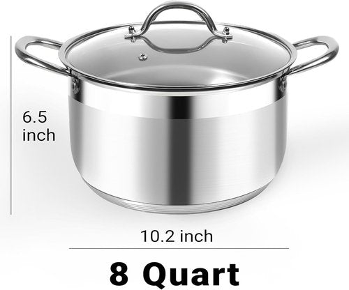 Kirecoo Stainless Steel Stock Pot - 8 Quart Heavy-Duty Induction Cookware with Visible Lid for Pasta & Soup