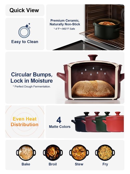 LE TAUCI 3 Quart Ceramic Dutch Oven - Lightweight, Non-Toxic, No Seasoning Needed- Oven, Microwave & Dishwasher Safe, Dutch Oven Pot with Lid for Sourdough, Soup & Stew, Burgundy Red