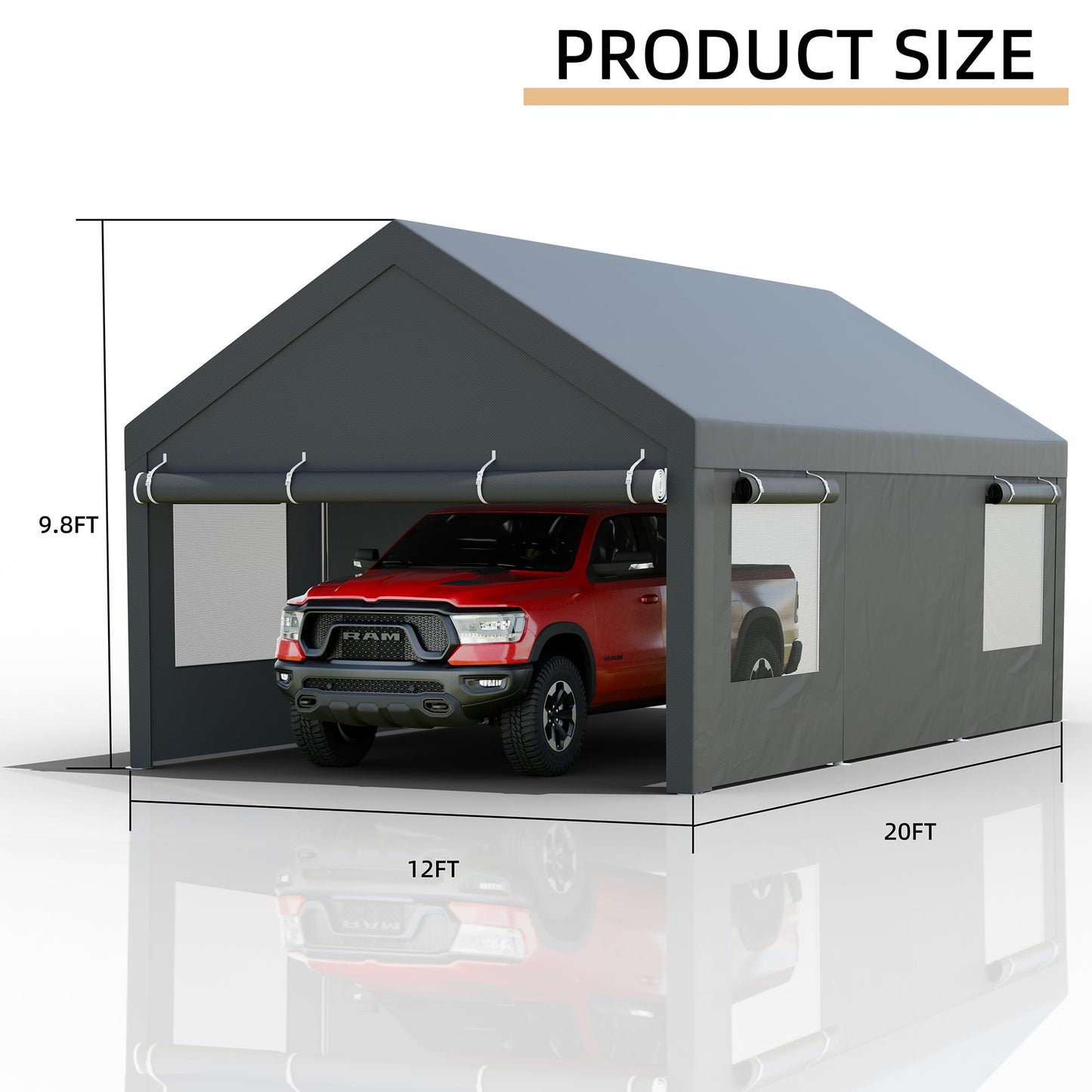 JY QAQA Carport, 12x20 FT Heavy Duty Carport with Removable Side Walls and Doors, Portable Garage with Roll-Up Window and Sandbags, Car Canopy with All-Season Tarp for Cars, Trucks, Boats, Grey