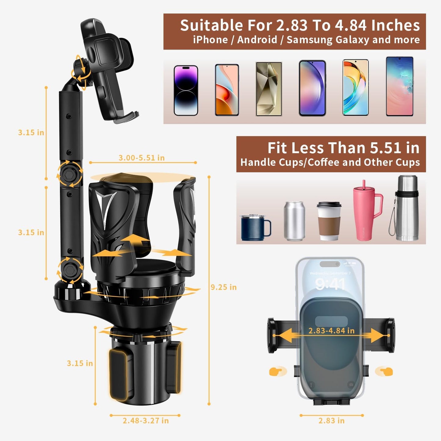 Commuters 5.31'' Phone Holders for Your Car, Adjustable Car Cup Holder Expander with Rubber Grip, Secure Hold