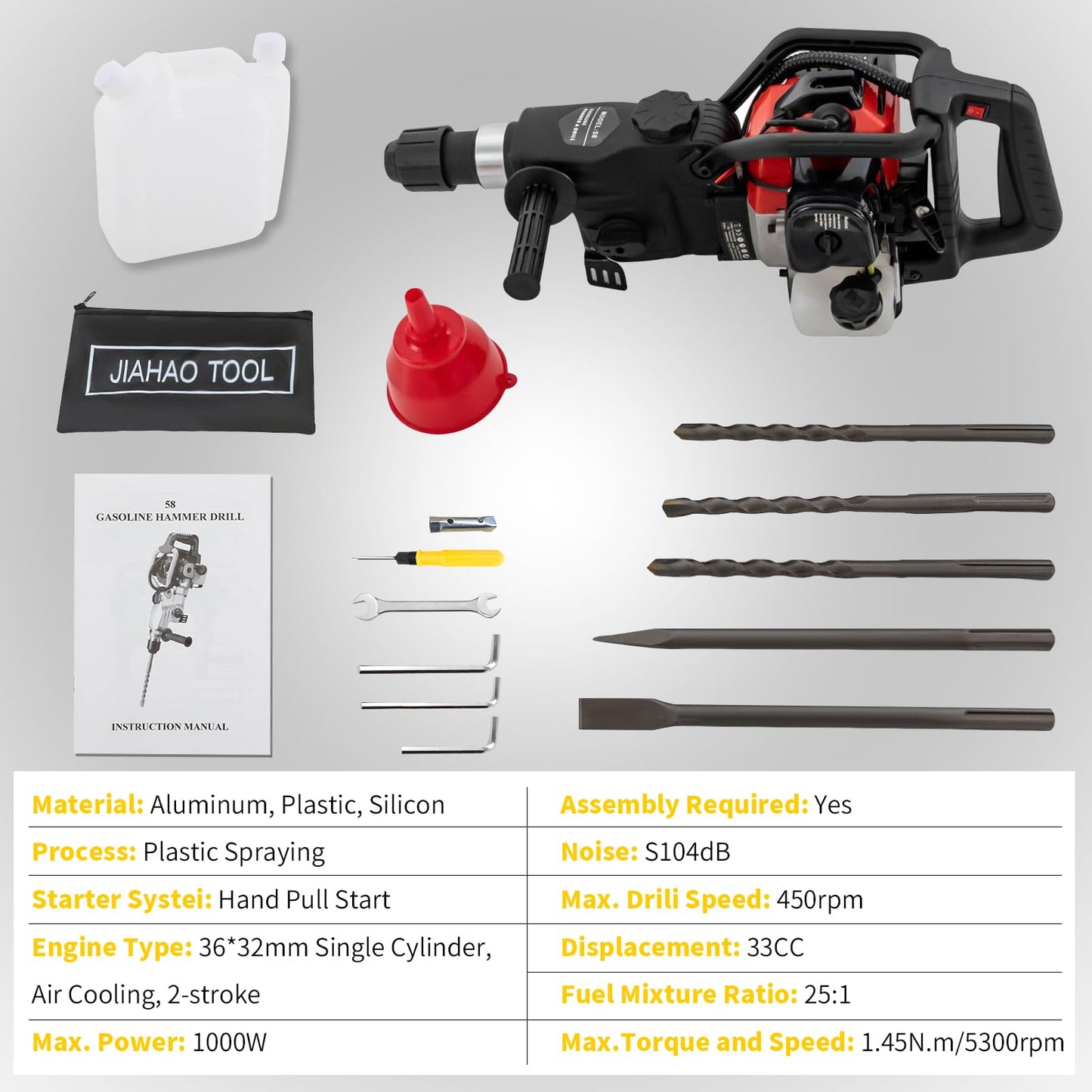 Qrooviiy Jack Hammer,1000W 5300RPM 2-Stroke Jack Hammer Concrete Breaker with 2 Pickaxes 3 Drills,3-in-1 Gas Powered Demolition Concrete Breaker for Trenching,Chipping,Breaking Holes