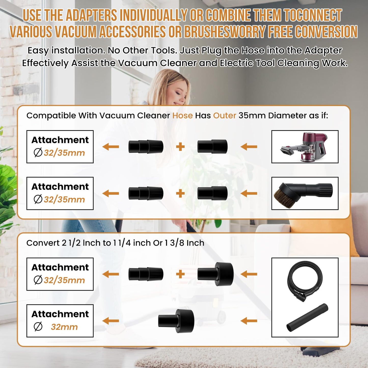 ZDRU 3Pcs Universal Vacuum Hose Adapter Kit - Multi-Size Adapters (2-1/2" to 1-1/4", 1-1/4" to 1-3/8" to 1-1/2", 1-3/8" to 1-1/4") Reducer Attachments for Wet Dry Vacuum Cleaner