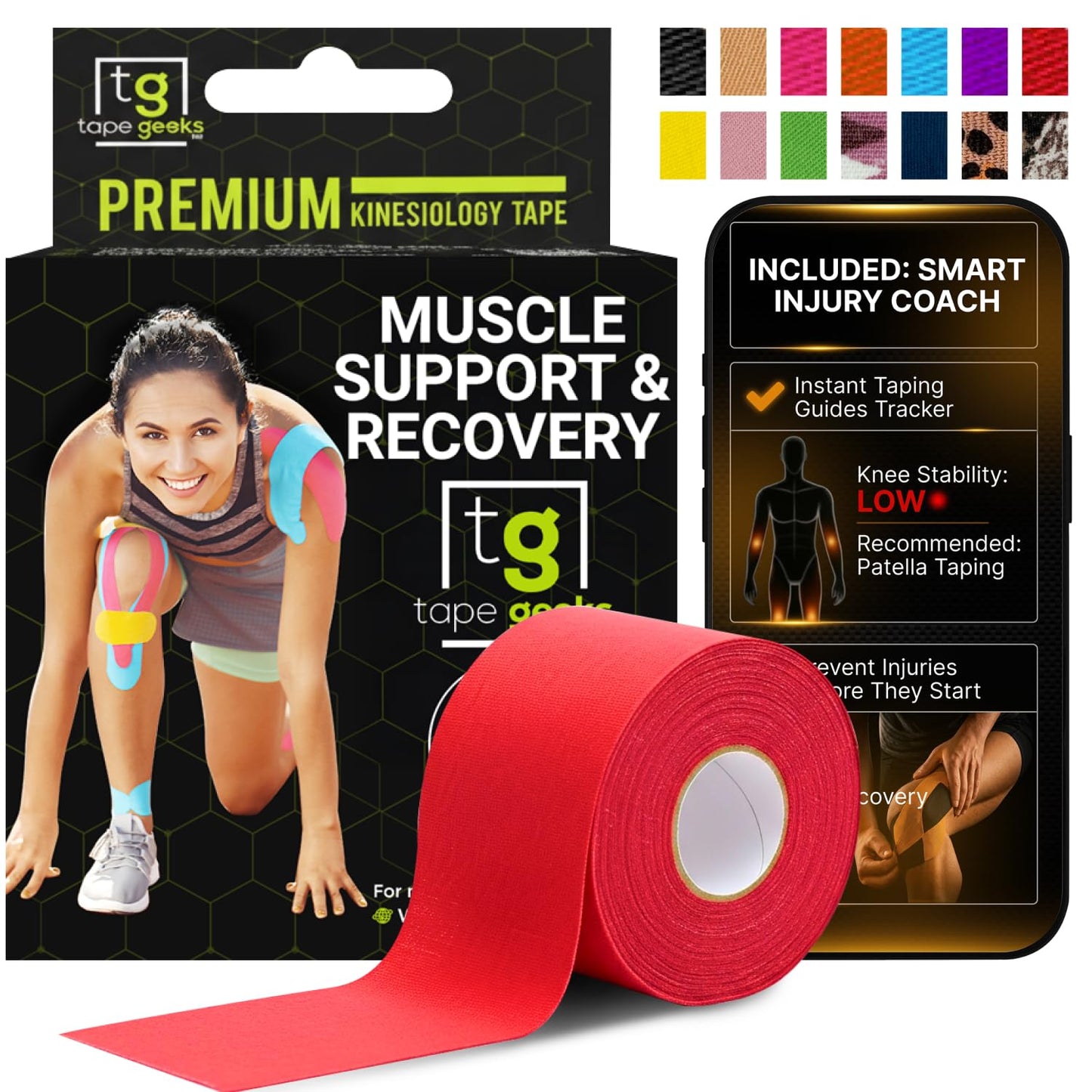 TapeGeeks Kinesiology Tape – Waterproof & Hypoallergenic Sports Tape for Sensitive Skin – Strong Adhesive, Latex-Free – Athletic Muscle Support for Knee, Shoulder, Back, Ankle