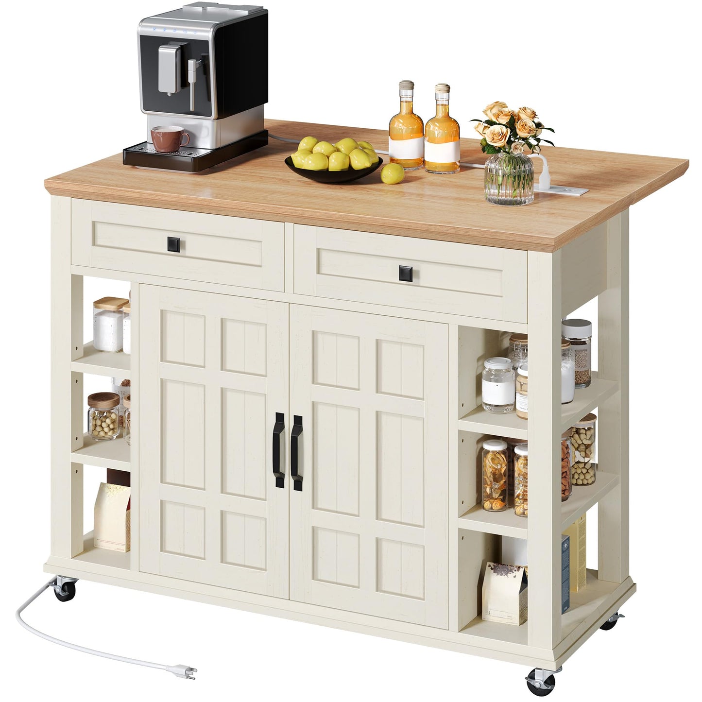 DWVO Rolling Kitchen Island with Drop Leaf, Mobile Storage Islands with Power Outlet Foldable Tabletop, 2 Drawers and Open Shelves, for Living Room, Dining Room, Off White