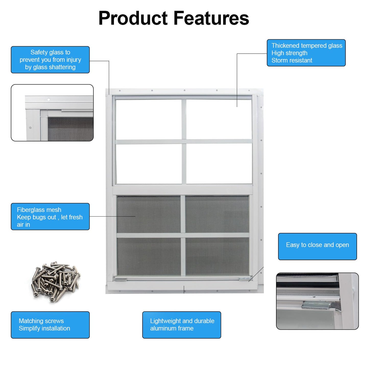 NeatiEase 2 Pack Shed Window, 24" x 36" Flush Mount Window with Tempered Glass and Fiberglass Screen for Shed, Chicken Coop, Playhouse, Household, Garage