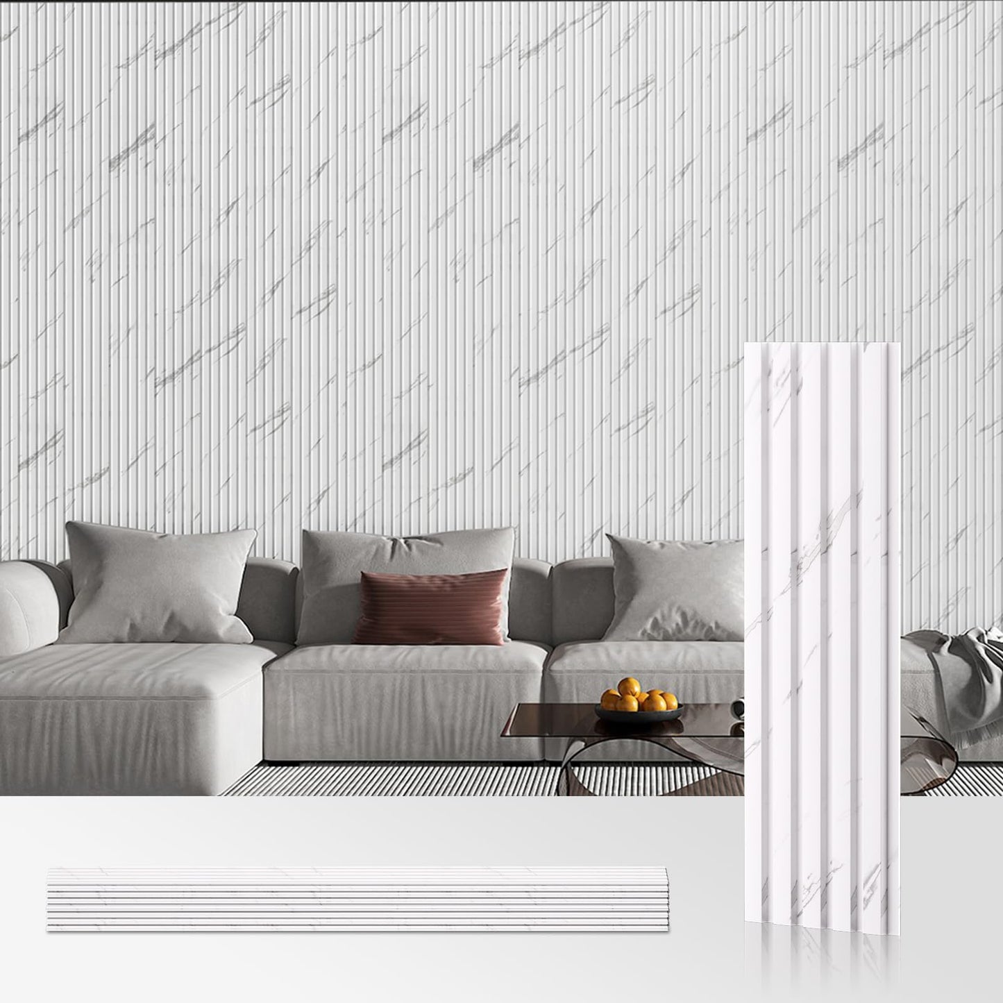 OUZUGIE WPC Acoustic Slat Wall Paneling, 8-Pack 114 x 6 Inches 3D Wall Panels for Interior Wall Decor,Living Room,TV Background,Study Room,Office Spaces,Bedroom,Low Grille (White)