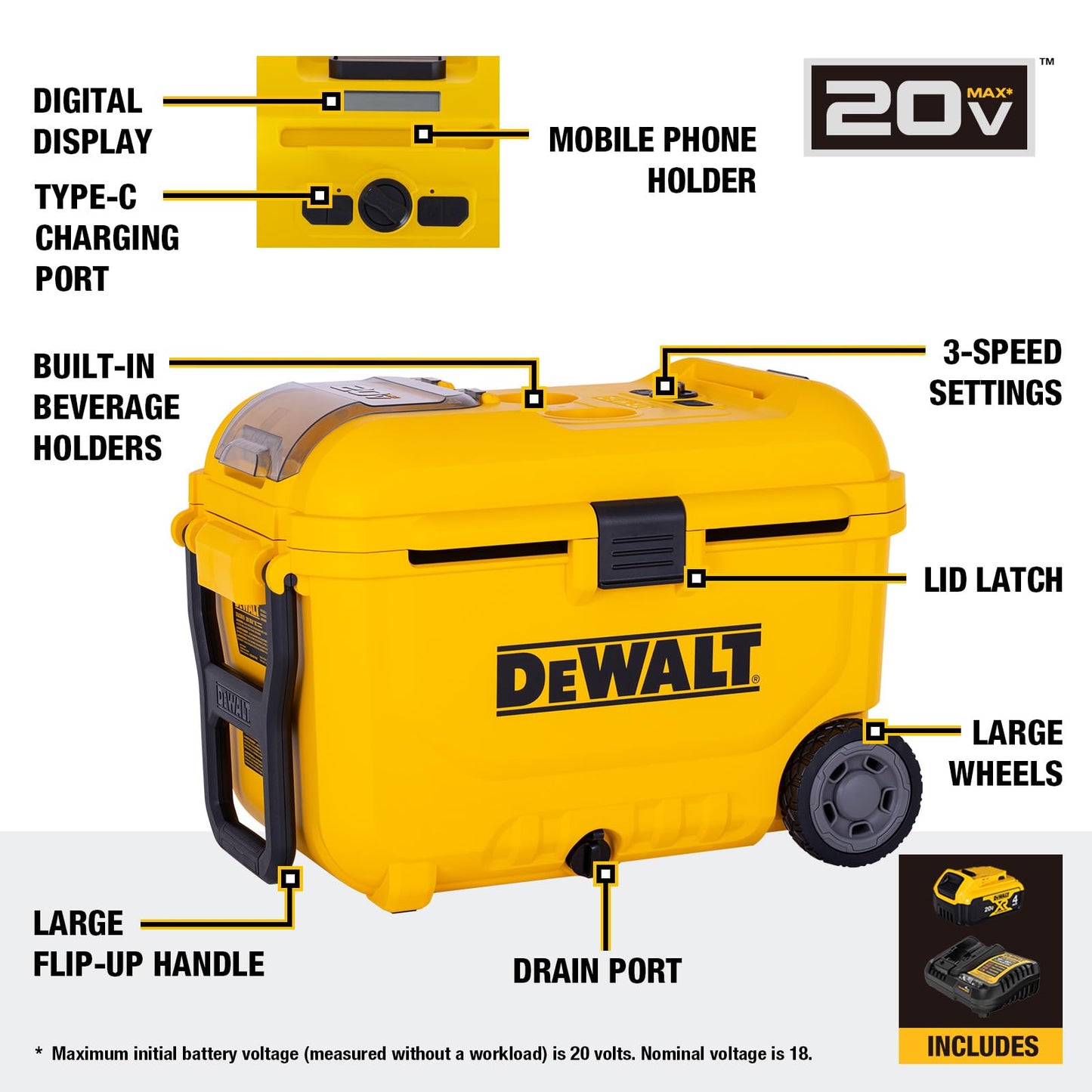 DEWALT Evaporative Air Cooler Portable Air Conditioner & 8 Gal Ice Chest with Battery & Charger, Digital Display & Turbo Cool to 53.6°F 3-Speed Settings Battery Powered Swamp Cooler, DXACN01A