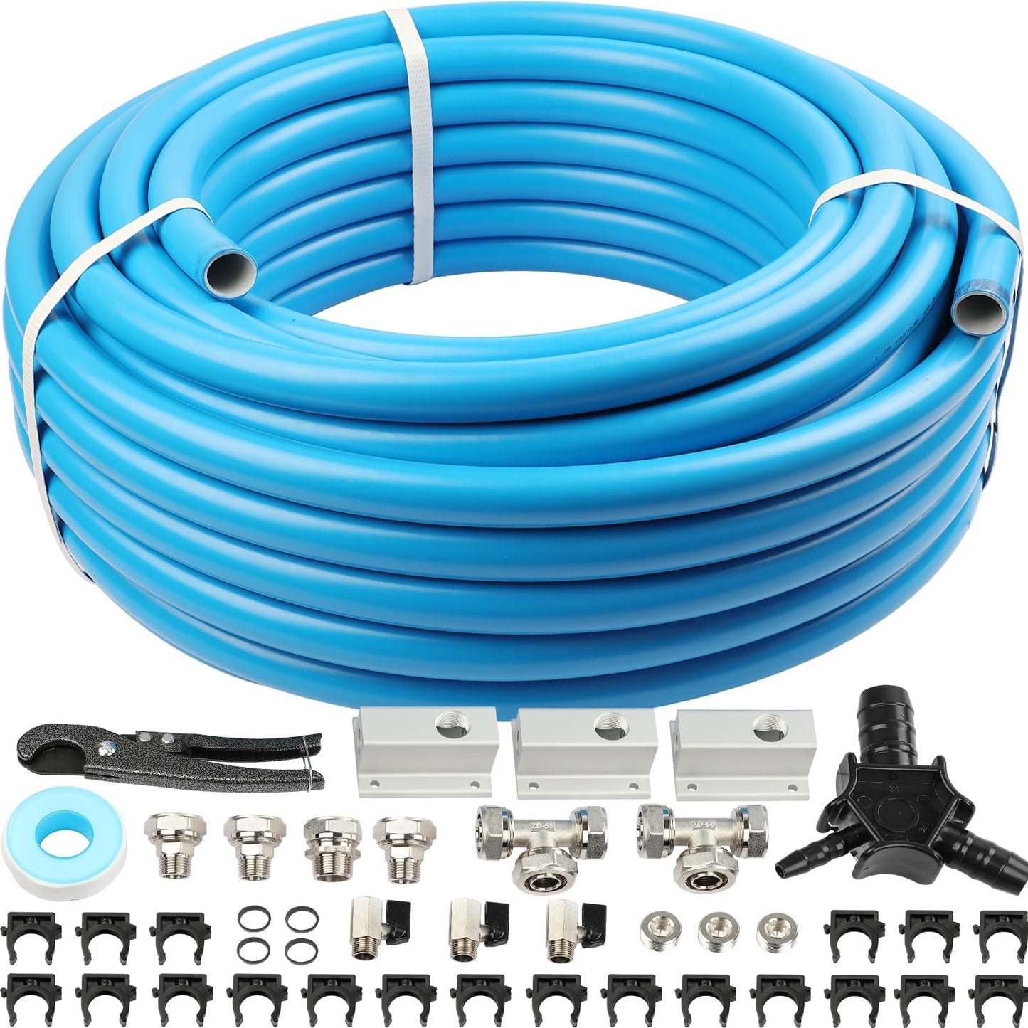 3/4 Inch ID x 100 ft Compressed Air Piping System Kit with Dual-Outlet Aluminum Manifolds, Garage Shop Air Line Kit for Air Compressor, 200 PSI