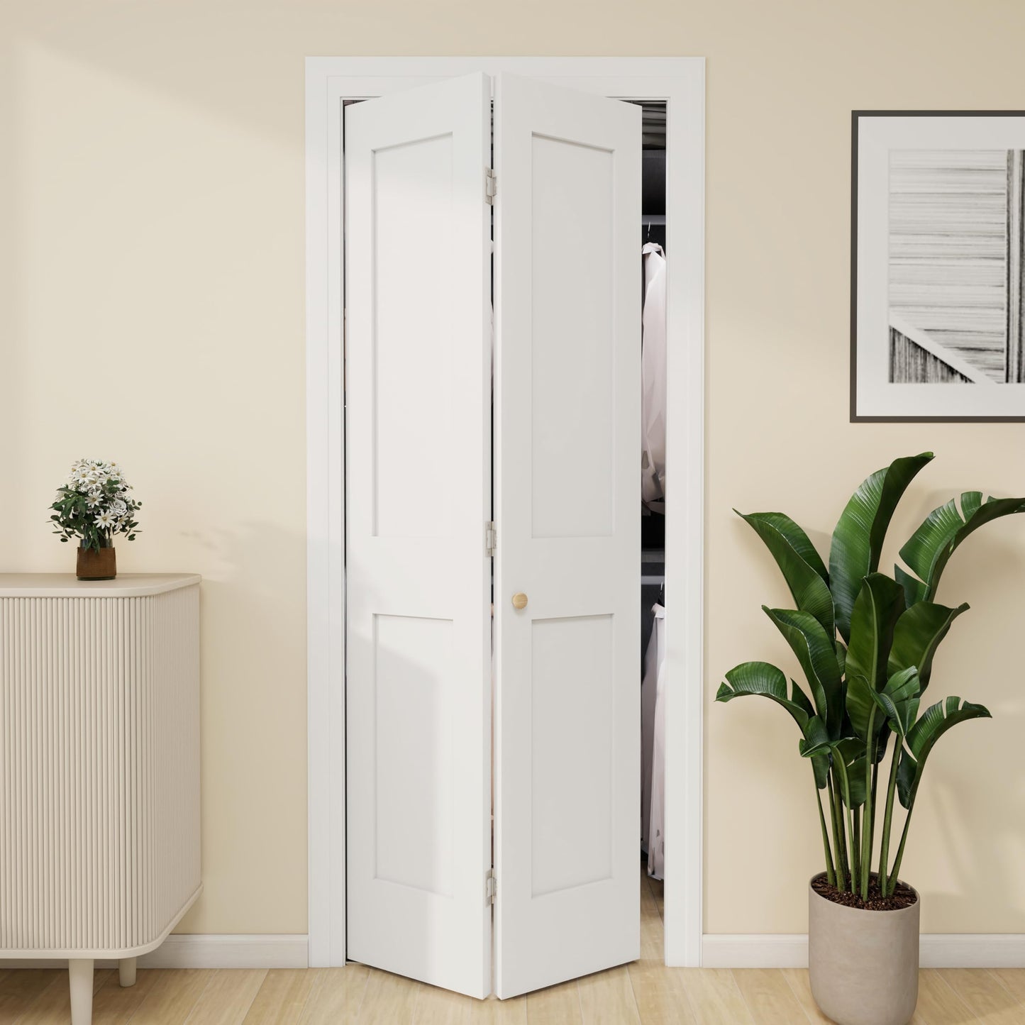 Brosisincorp 30" x 80" Shaker Bifold Closet Door, Solid Wood Core Interior Folding Door, Pre-Assembled & Paintable, Complete Hardware Kit Included, White 2-Panel