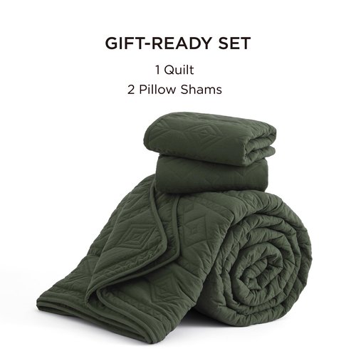 Bedsure Boho Quilt Queen Size - Lightweight Bedspread Queen Size with Geometric Stitched Pattern, Olive Green Farmhouse Soft Bedding Set Coverlet with 2 Pillow Shams for All Seasons, 90x96 inches