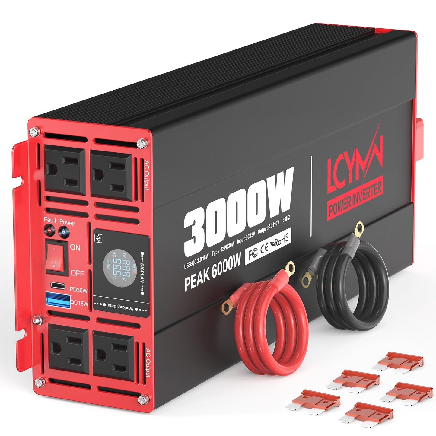 3000 Watts Power Inverter DC 12V to AC 110V/120V 6000W Peak Inverters with 4 AC Outlets Type-C PD30W/QC3.0 18W USB Fast Charging Port with LCD Display for Vehicles Home RV Car Solar Off-Grid Converter