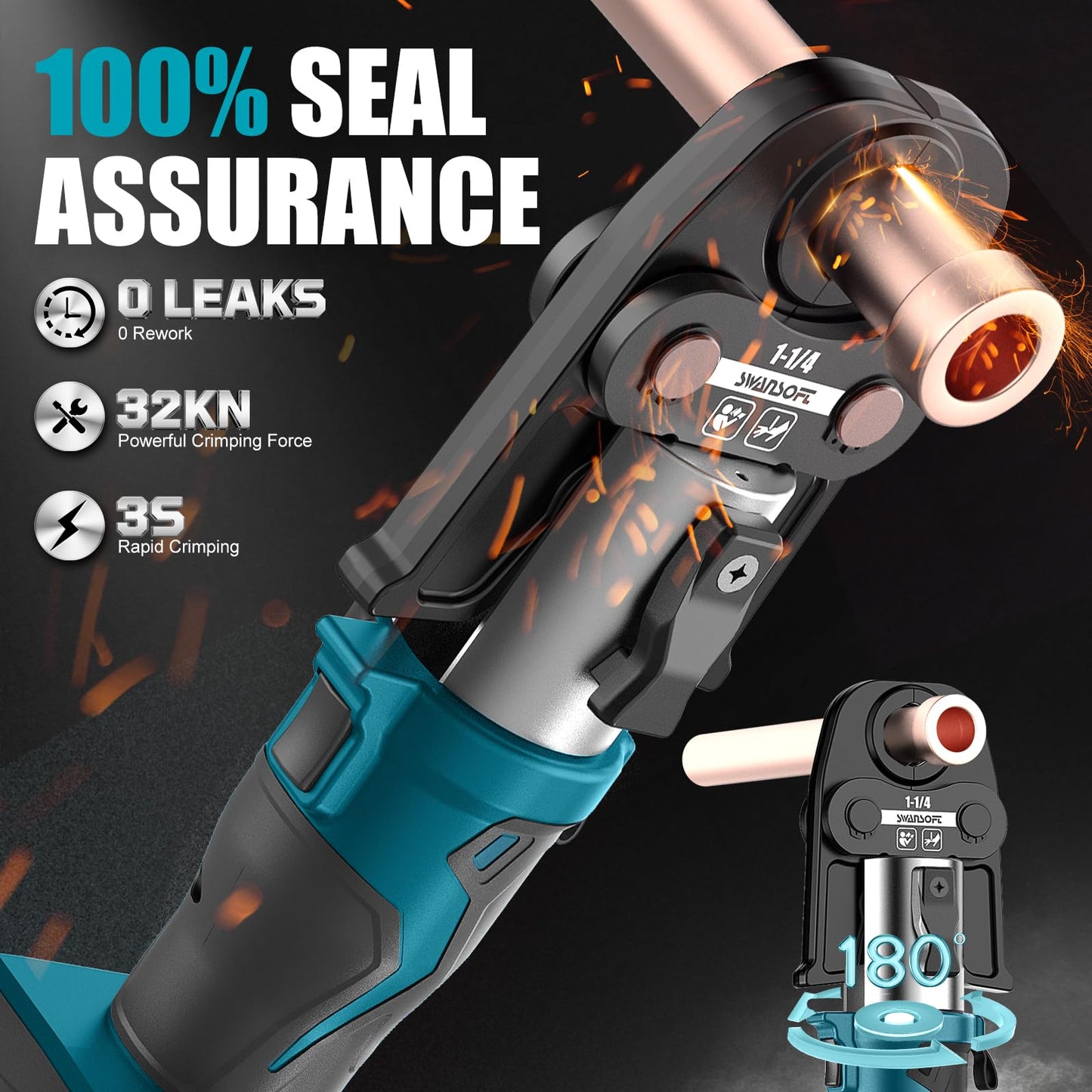 SWANSOFT Pro Press Tool, Copper Pipe Crimping Tool with 18V 4Ah Battery Pro Press Copper Crimper Tool with 4 US Standard Jaws 1/2", 3/4'', 1", 1-1/4", Electric Hydraulic Plumbing Crimping Tool - Teal
